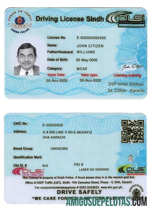 Carteira de motorista da província de Sindh no Paquistão (presente em 2016) exemplo real